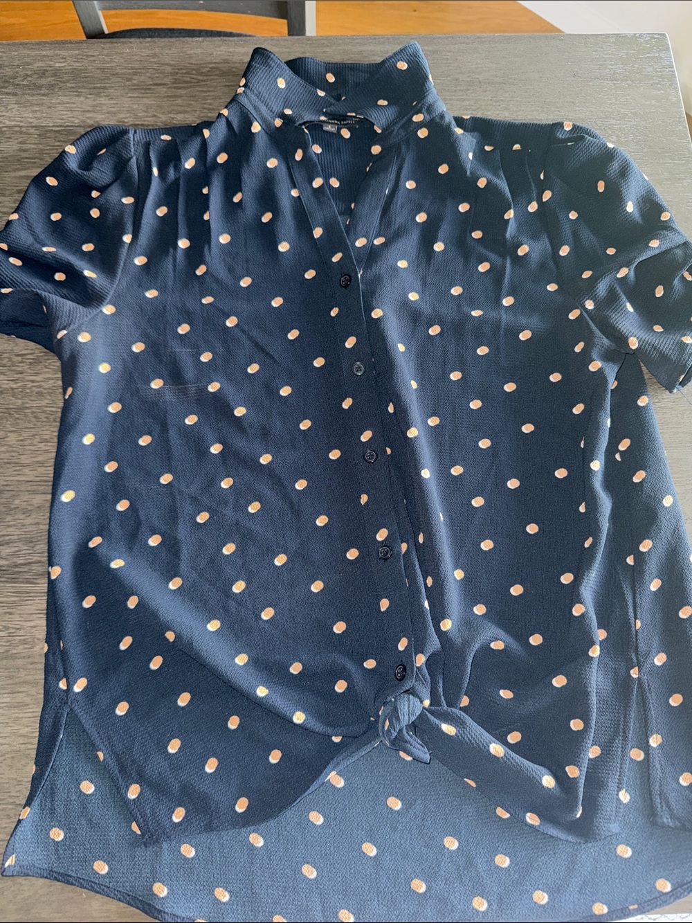 Adrianna Papell Navy Button-Front Polka Dot Tie-Hem Top
